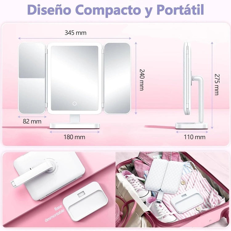 Triple Espejo con Luz LED + E-Book de 100 Tips de Maquillaje ✨