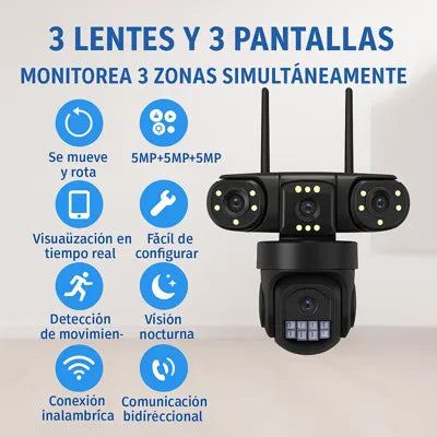 Cámara de Seguridad Inalámbrica con IA y 3 Lentes: Vigilancia Total 24/7 sin Puntos Ciegos🎥