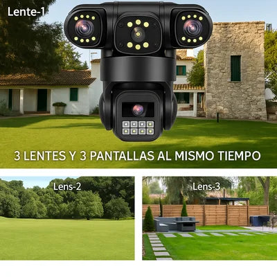 Cámara de Seguridad Inalámbrica con IA y 3 Lentes: Vigilancia Total 24/7 sin Puntos Ciegos🎥