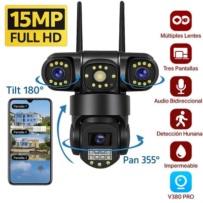 Cámara de Seguridad Inalámbrica con IA y 3 Lentes: Vigilancia Total 24/7 sin Puntos Ciegos🎥